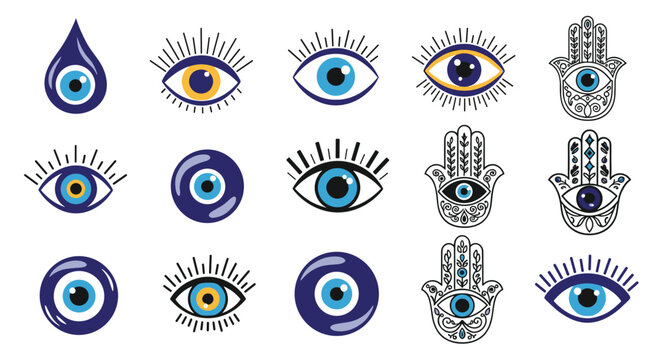 A collection of traditional evil eye symbols and hamsa hands on a white background.