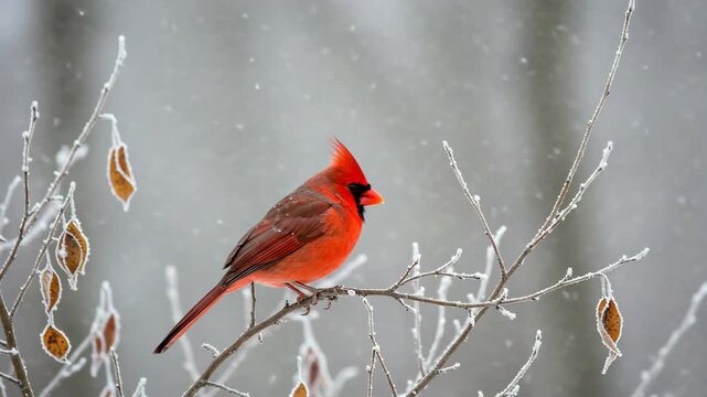 A tranquil winter scene featuring a striking red cardinal perched on frosty branches amid snowfall, highlighting seasonal birdlife and icy landscapes.
