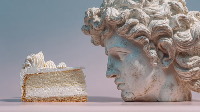 Ancient statue head admires ethereal cream cake, blending introspective museum nostalgia with modern decadence, hinting at World Art Day