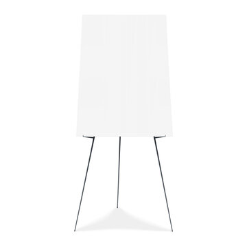 Poster display board tripod easel stand. Realistic vector mockup. White blank advertising sign on metal legs. 3d mock-up. Template for design