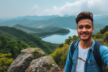 Happy young man taking a selfie on a rocky mountain viewpoint, overlooking a lush, green valley and a serene blue lake.