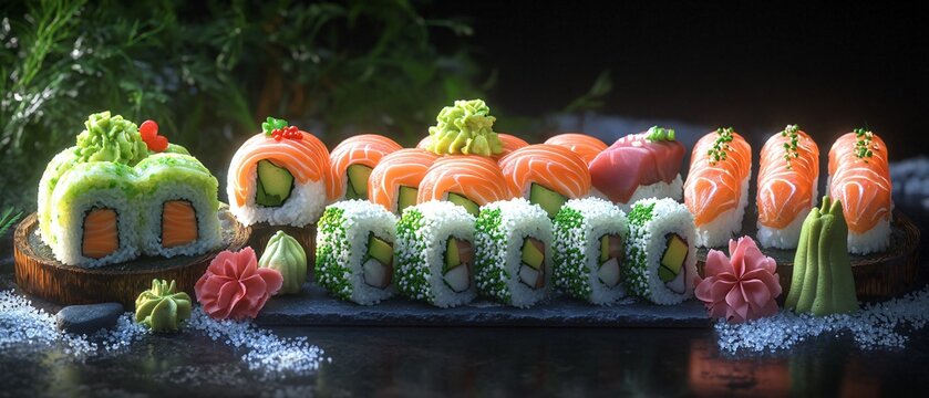 Exquisite Sushi Set with Avocado Rolls