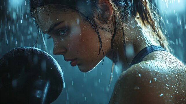 Intense woman lifting heavy dumbbell - Powered by Adobe