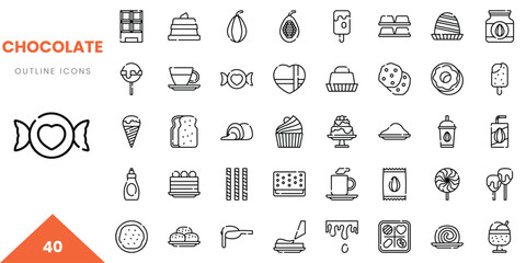 A collection of 40 outline icons featuring various sweets and chocolates, perfect for culinary designs.