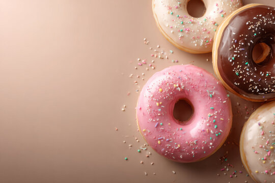 Four spruced-up donuts bask in sugar confetti, evoking Donut Day revelry and quirky confectionery art appreciation