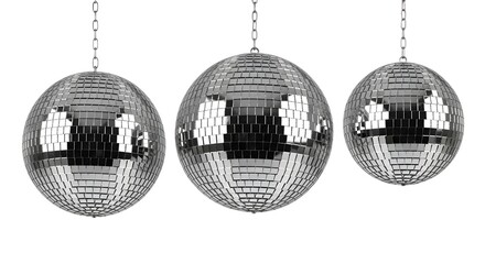 Obraz premium Three Shiny Disco Balls Isolated on White Background for Party and Dance Themes