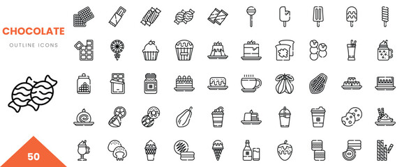 A collection of 50 delightful chocolate-themed outline icons depicting various treats.