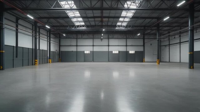 Empty industrial warehouse with concrete floor, steel structure, roller doors and skylights providing natural light for storage