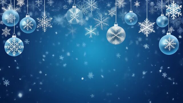 Festive winter holiday background with falling snow and hanging blue Christmas ornaments with snowflake patterns