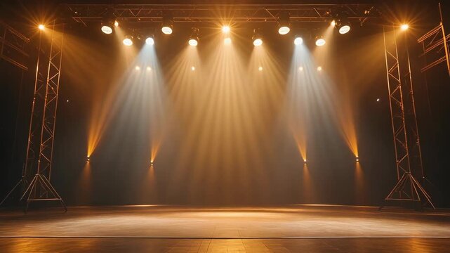 Illuminated empty stage with spotlights and trussing for a performance or event show, creating an atmospheric and inviting scene