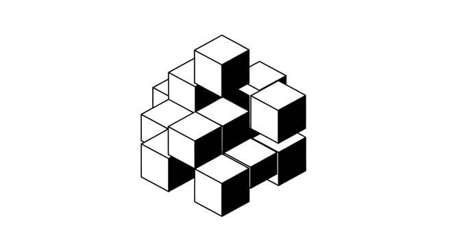 Detailed isometric geometric cube illustration with bold three-dimensional block shapes arranged in a modern abstract structure.