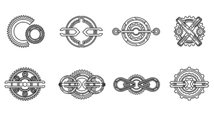 Vintage badge and emblem icon collection displaying circular frames, shield shapes, and geometric label outlines.