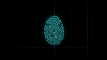 Digital fingerprint scan with glowing biometric lines on a dark technology interface background
