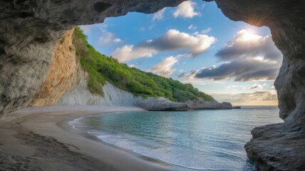 View from a cave opening onto a tropical beach and ocean