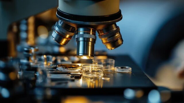 Video Scientist examining microscopic specimen with focus on precision and detail