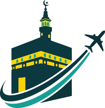 Hajj and umrah travel logo with kaaba and airplane design