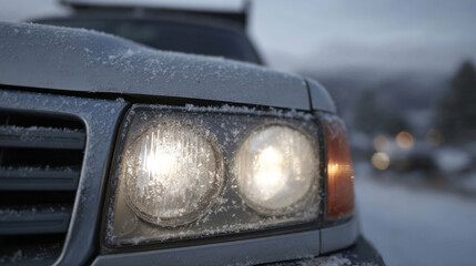 Frost-kissed headlights blaze through wintry twilight, evoking Yule's icy embrace and the northern glow of Sinterklaas Eve