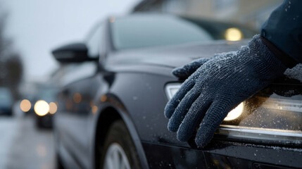Frost-kissed gloves brush wintery car, Nordic hygge vibes, Solstice Eve awareness, frosty adventure anticipation gleams
