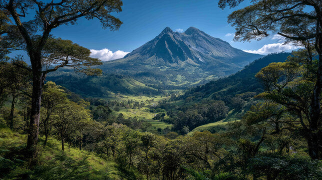Majestic emerald valley cradling twin-peaked volcano, perfect for Earth Day reverie or solstice meditation amid whispering pines