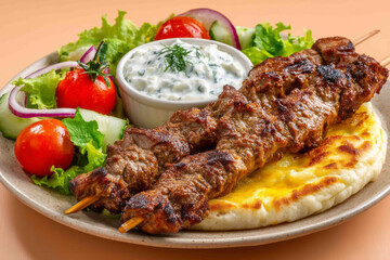 Juicy meat skewers rest on golden pita with tangy tzatziki, evoking Greek Easter, Mediterranean culinary art, and harmonious flavors