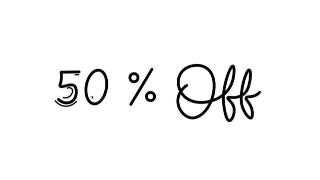 50% offer One line continuous animated typography intro outro, hand drawn calligraphy monoline vintage text on background, sale animated Calligraphy lettering video black type on white backdrop bg