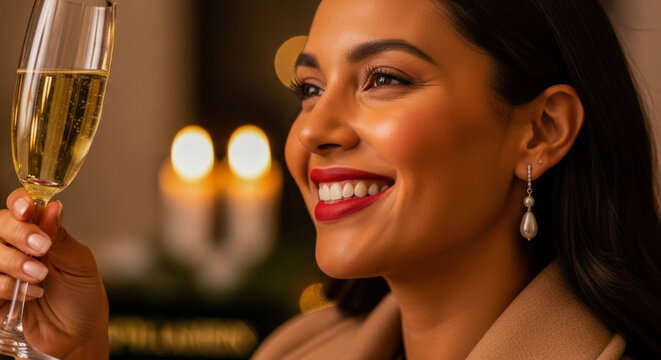 Smiling woman with red lipstick toasting with champagne in a warmly lit room, celebrating a special occasion with joy and elegance.