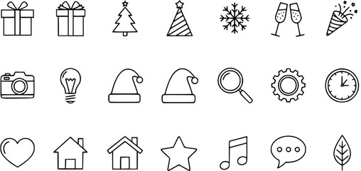 Set of thin line icons for Christmas, New Year, and web interface. Holiday and universal symbols collection.