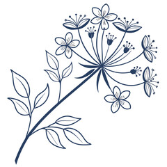 Blue Outline of a Wildflower with Leaves bloom plant