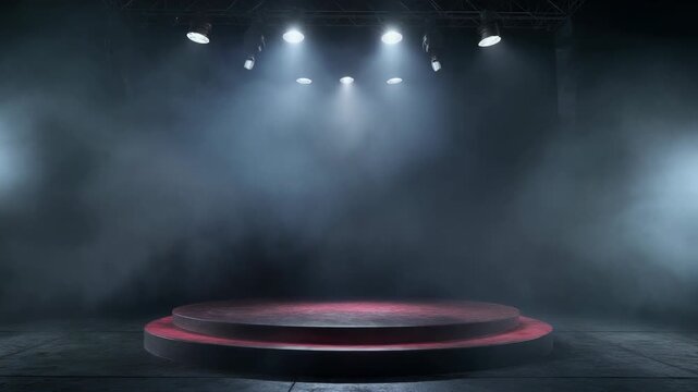 Illuminated empty stage with smoke and spotlight, featuring a dark platform ready for performance or presentation, moody scene.