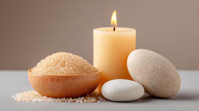 Tranquil Spa Setting with Candle, Bath Salts, and Smooth Stones