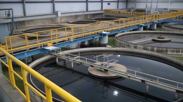 Wastewater treatment plant with large circular sedimentation tanks for purification.