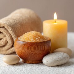 Relaxing Spa Setup with Aromatic Candle and Bath Accessories