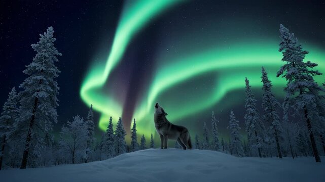 A serene Arctic scene featuring a howling wolf beneath stunning northern lights over a snow-covered forest in a tranquil winter landscape.