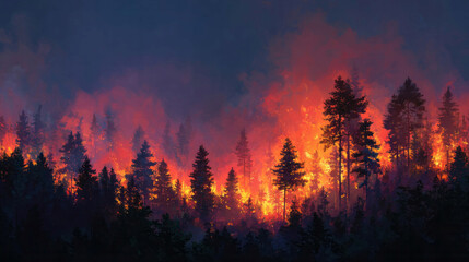 Fiery forest inferno captures nature's wrath, evoking Beltane's transformational heat and urgent ecological resilience narratives