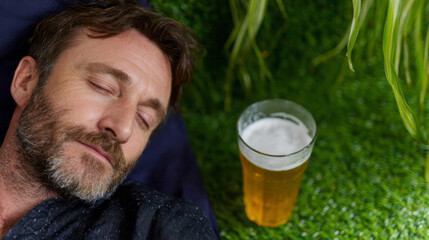 A serene Caucasian man naps beside a frothy beer on lush grass, invoking Oktoberfest dreams and relaxation rituals
