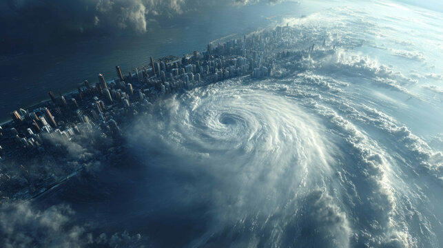 Spiraling tempest embraces cityscape, cosmic dance of nature, echoing Hurricane Preparedness Week, chaotic serenity, celestial vortex drama - Powered by Adobe