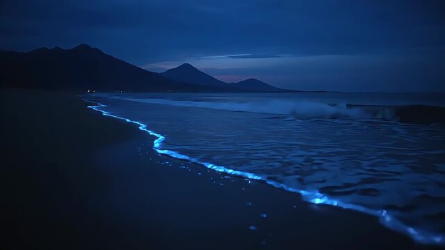 Bioluminescent waves create a glowing blue line on a tranquil beach at dusk with mountains in the background.