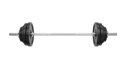 Barbell with Black Weight Plates PNG. Isolated full size barbell loaded with black plates, ideal for strength training, gym, and fitness equipment visuals. Barbell for gym fitness PNG