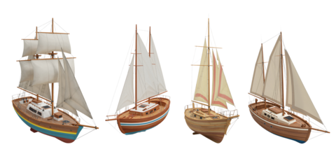 Collection of four antique wooden sailing ship models on a black background