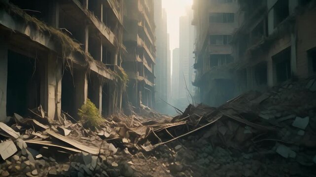 Extensive destruction after disaster shows demolished buildings and rubble amidst a desolate city landscape in a post-apocalyptic setting.