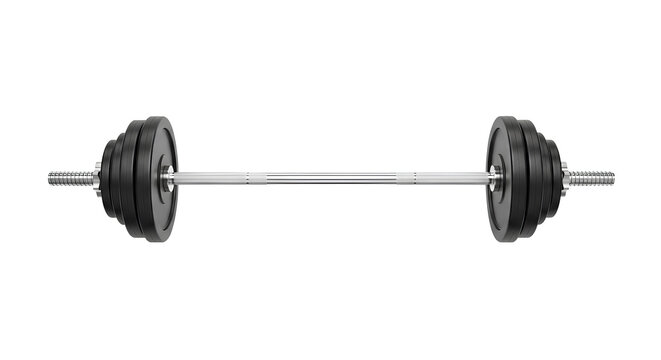 Barbell with Black Weight Plates PNG. Isolated full size barbell loaded with black plates, ideal for strength training, gym, and fitness equipment visuals. Barbell for gym fitness PNG