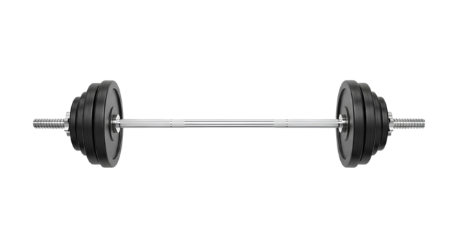Barbell with Black Weight Plates PNG. Isolated full size barbell loaded with black plates, ideal for strength training, gym, and fitness equipment visuals. Barbell for gym fitness PNG