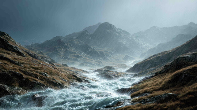 Mystical mist shrouds rugged mountain landscape, echoing Viking sagas, embodying Ullr Fest's icy spirit and solstice whispers