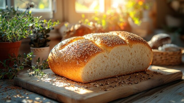 Freshly baked artisan bread on a wooden board, bathed in sunlight