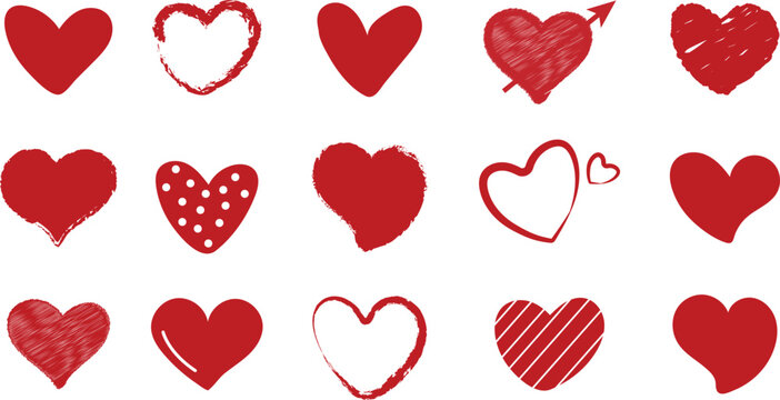 Hand drawn Valentines red heart doddle brush stroke with grunge texture. Vector stoke illustration isolated on white background for design decoration template greeting card, invitation, banner, menu.