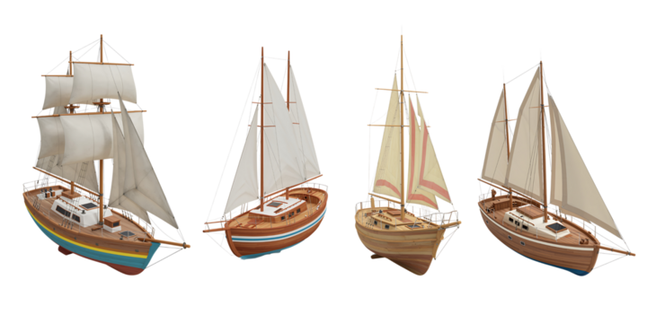 Collection of four antique wooden sailing ship models on a black background