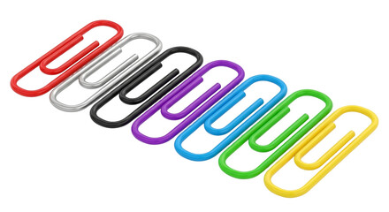 Set of seven multicolored plastic coated paper clips in a row.