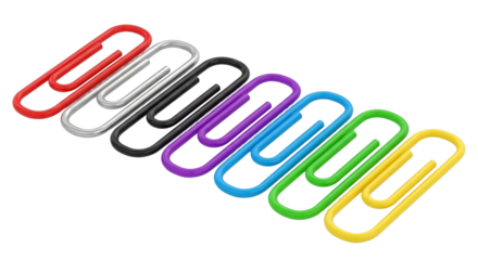 Set of seven multicolored plastic coated paper clips in a row.