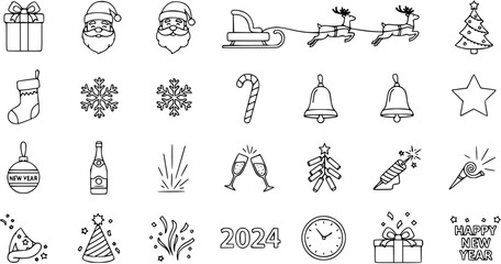 Set of Christmas and New Year Holiday Line Art Icons: Santa Claus, Sleigh, Reindeer, Tree, Gifts, Snowflakes, Bells, Champagne, Confetti, Fireworks, Party Elements, 2024