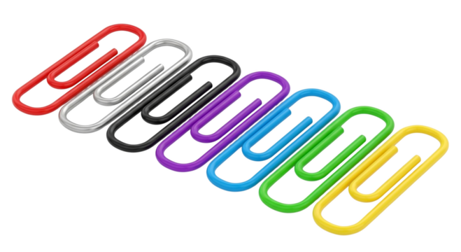 Set of seven multicolored plastic coated paper clips in a row.